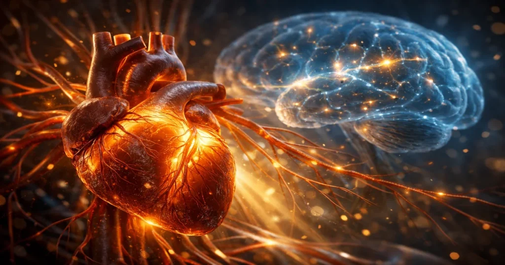Cinematic medical illustration showing heart and brain activation during exercise inside the human body.