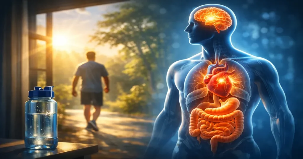 Cinematic illustration of daily healthy habits improving heart, brain, and metabolism inside the human body